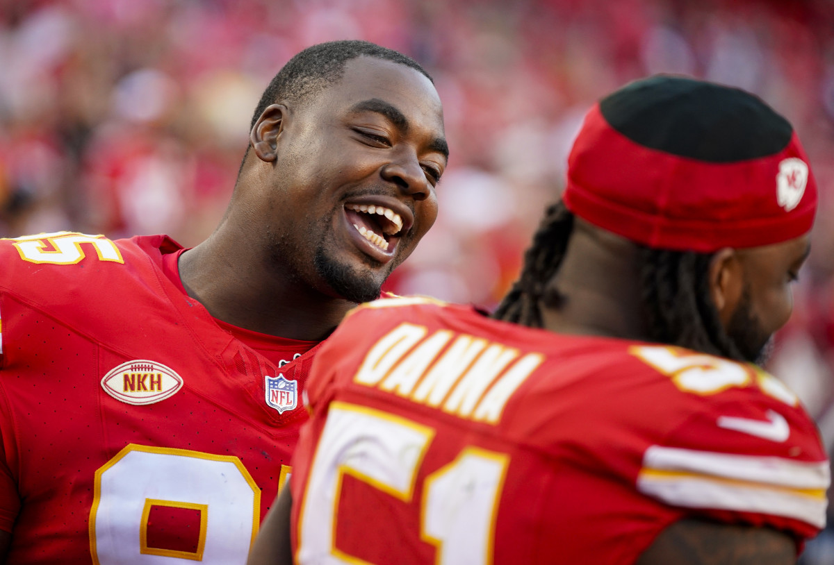 Sep 24, 2023; Kansas City, Missouri, USA; Kansas City Chiefs defensive tackle Chris Jones (95) talks with defensive end Mike Danna (51) during the second half against the Chicago Bears at GEHA Field at Arrowhead Stadium. Mandatory Credit: Jay Biggerstaff-USA TODAY Sports  